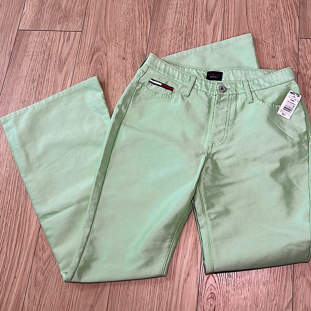 Tommy Reflective Metallic Flare Pants in Pastel Spring Green Disco Twill